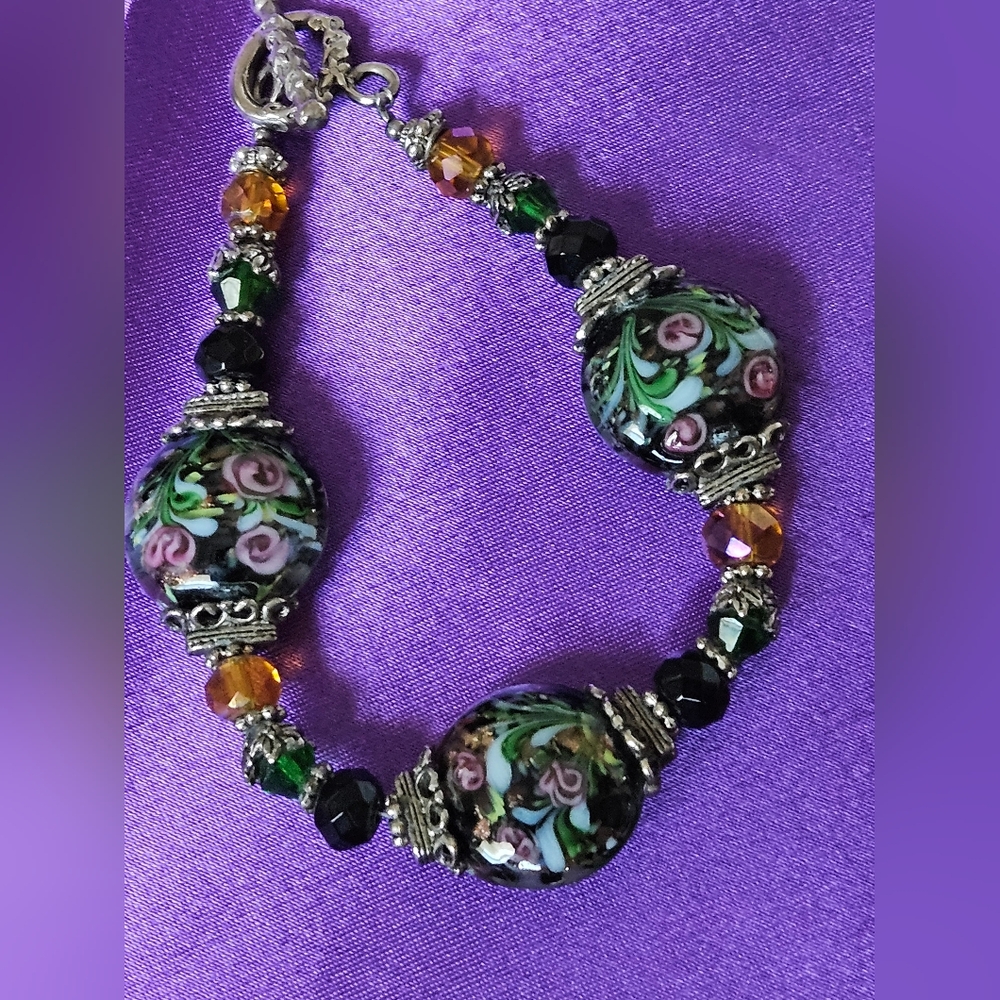 Artisan Crafted Toggle Bracelet with Floral Lampwork Art Glass Beads 8.25"